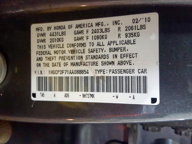 1HGCP2F71AA088854 - 2010 HONDA ACCORD EX  photo 10