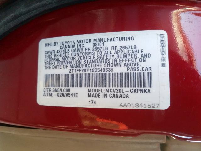 2T1FF28P42C549635 - 2002 TOYOTA CAMRY SOLARA SE  photo 10