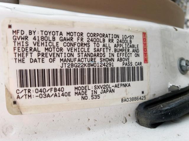 JT2BG22K8W0124291 - 1998 TOYOTA CAMRY CE  photo 10