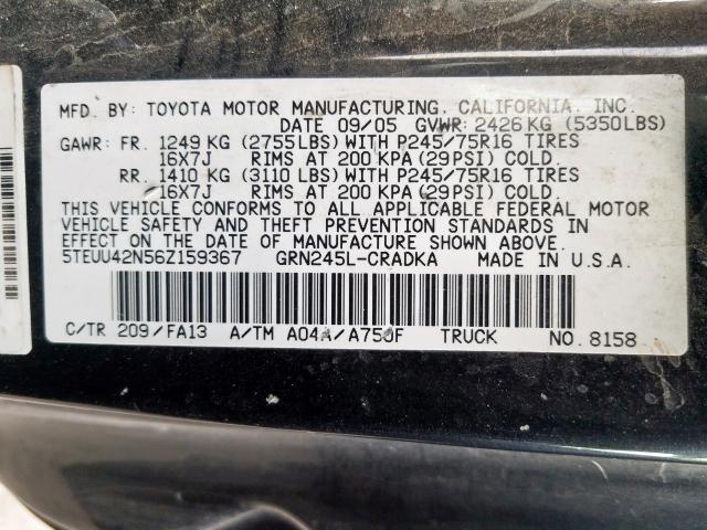 5TEUU42N56Z159367 - 2006 TOYOTA TACOMA ACCESS CAB  ფოტო 10