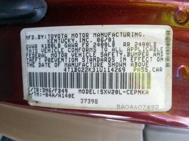 4T1BG22K31U114269 - 2001 TOYOTA CAMRY CE  photo 10