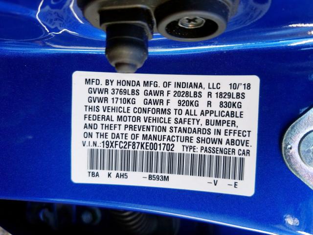 19XFC2F87KE001702 - 2019 HONDA CIVIC SPORT  照片 10