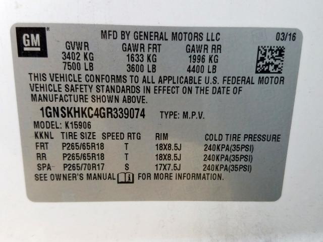 1GNSKHKC4GR339074 - 2016 CHEVROLET SUBURBAN K1500 LT  photo 10