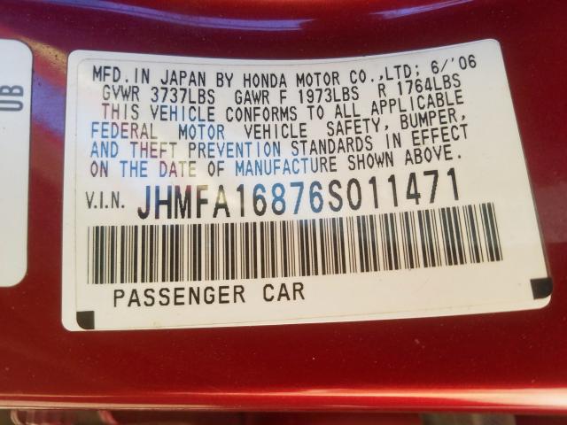 JHMFA16876S011471 - 2006 HONDA CIVIC EX  photo 10