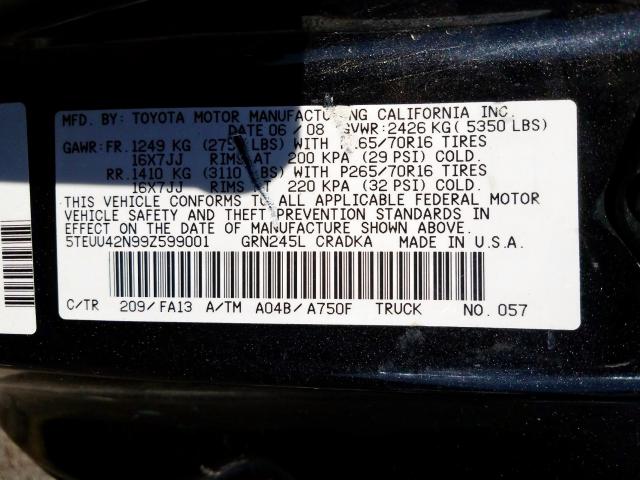 5TEUU42N99Z599001 - 2009 TOYOTA TACOMA ACCESS CAB  ფოტო 10