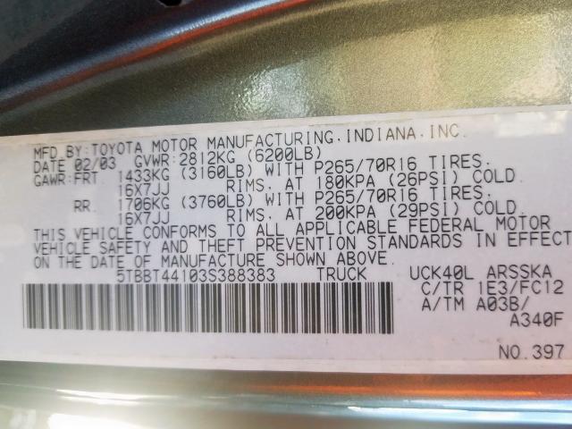 5TBBT44103S388383 - 2003 TOYOTA TUNDRA ACCESS CAB SR5  photo 10