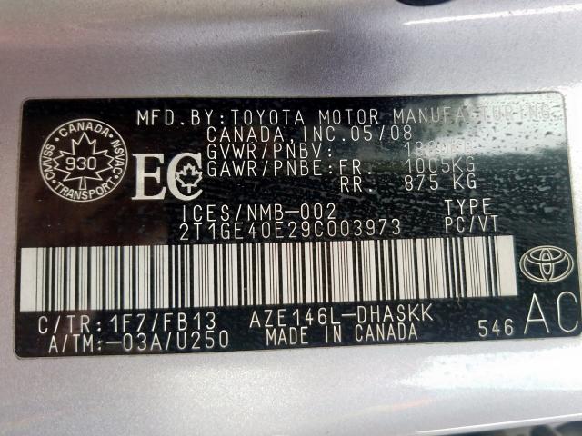 2T1GE40E29C003973 - 2009 TOYOTA COROLLA MATRIX XRS  photo 10