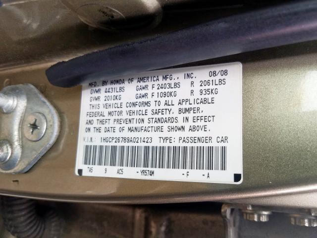 1HGCP26789A021423 - 2009 HONDA ACCORD EX  photo 10