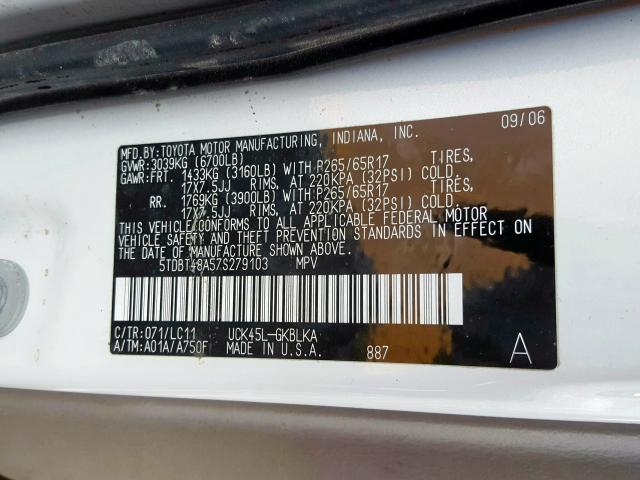 5TDBT48A57S279103 - 2007 TOYOTA SEQUOIA LIMITED  photo 10