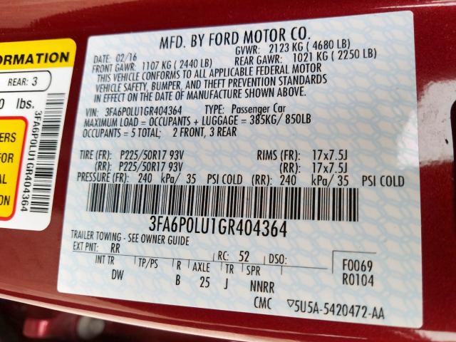 3FA6P0LU1GR404364 - 2016 FORD FUSION SE HYBRID  photo 10