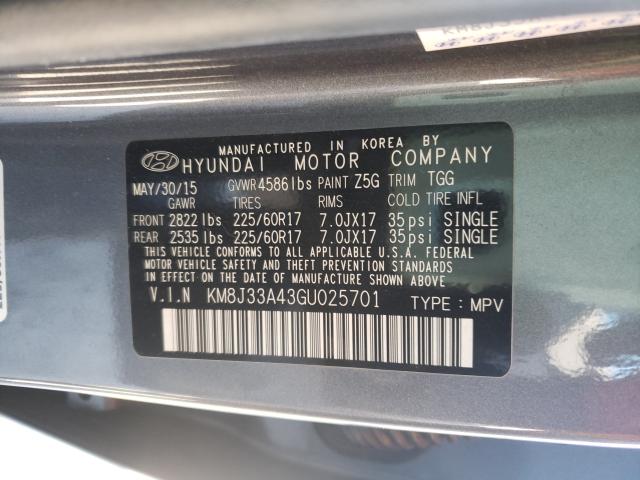 KM8J33A43GU025701 - 2016 HYUNDAI TUCSON LIMITED GRAY photo 10