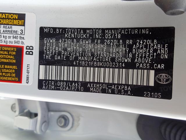 4T1B21FB8KU002314 - 2019 TOYOTA AVALON XLE  photo 10