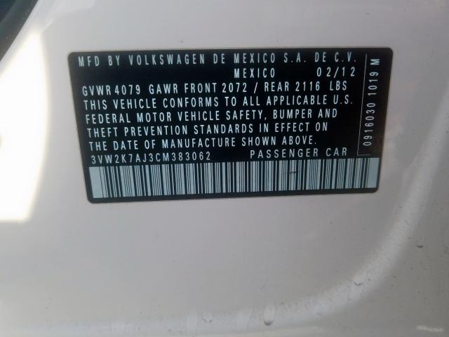 3VW2K7AJ3CM383062 - 2012 VOLKSWAGEN JETTA BASE  լուսանկար 10