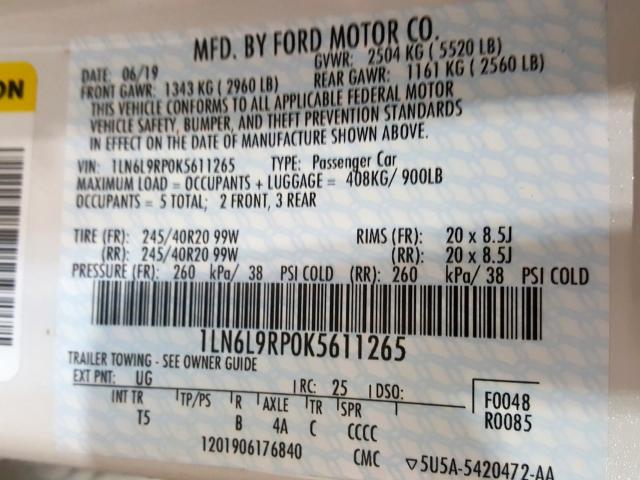 1LN6L9RP0K5611265 - 2019 LINCOLN CONTINENTAL RESERVE  Foto 10