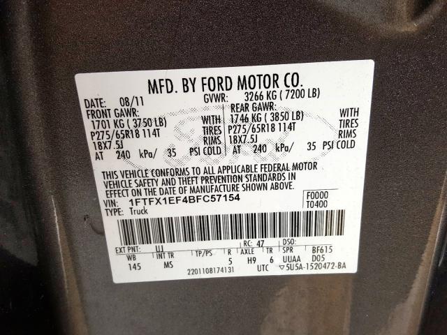 1FTFX1EF4BFC57154 - 2011 FORD F150 SUPER CAB  photo 10