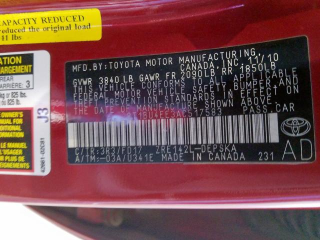 2T1BU4EE3AC517583 - 2010 TOYOTA COROLLA BASE  照片 10