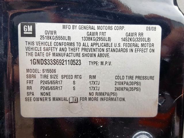 1GNDS33S692110523 - 2009 CHEVROLET TRAILBLAZER LT  photo 10