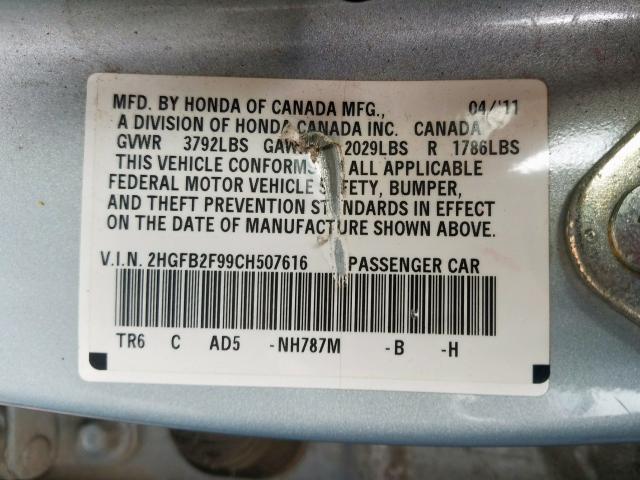 2HGFB2F99CH507616 - 2012 HONDA CIVIC EXL  照片 10
