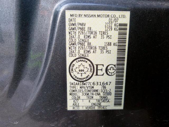5N1AR18W77C631647 - 2007 NISSAN PATHFINDER LE  ფოტო 10