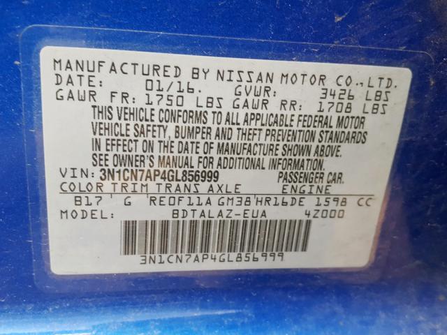 3N1CN7AP4GL856999 - 2016 NISSAN VERSA S  photo 10