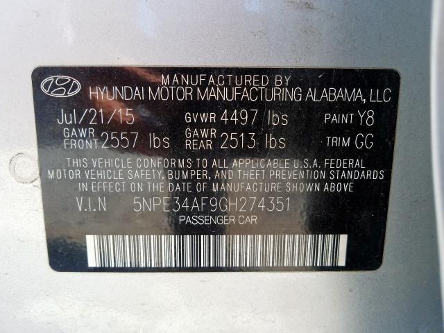 5NPE34AF9GH274351 - 2016 HYUNDAI SONATA SPORT  photo 10