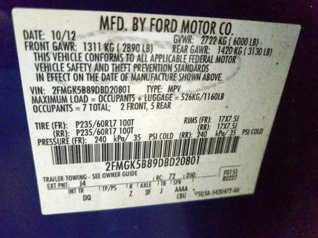 2FMGK5B89DBD20801 - 2013 FORD FLEX SE  photo 10