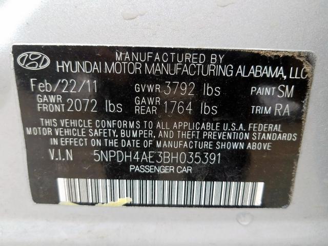 5NPDH4AE3BH035391 - 2011 HYUNDAI ELANTRA GLS  photo 10