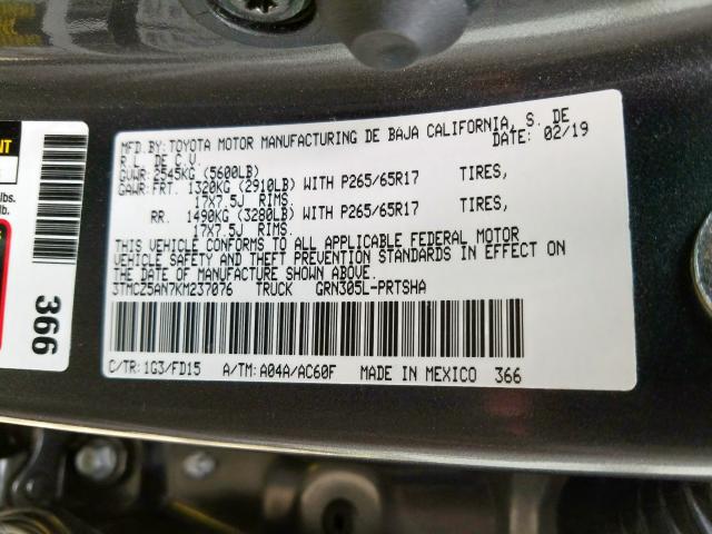 3TMCZ5AN7KM237076 - 2019 TOYOTA TACOMA DOUBLE CAB  foto 10