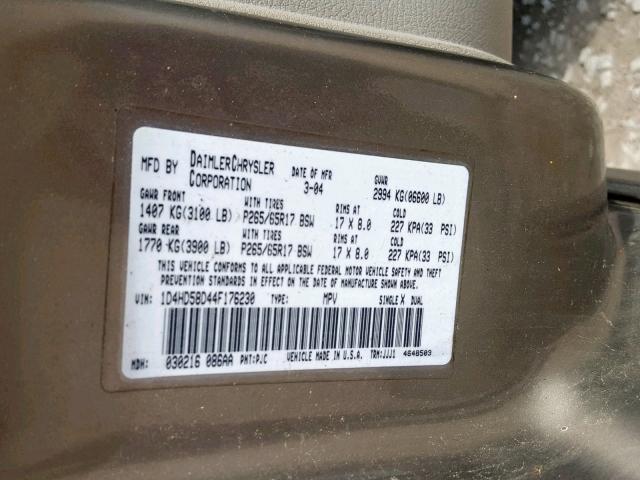 1D4HD58D44F176230 - 2004 DODGE DURANGO LIMITED GOLD photo 10