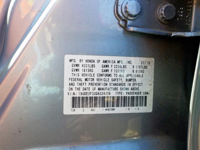 19UDE2F30GA024336 - 2016 ACURA ILX BASE WATCH PLUS  photo 10