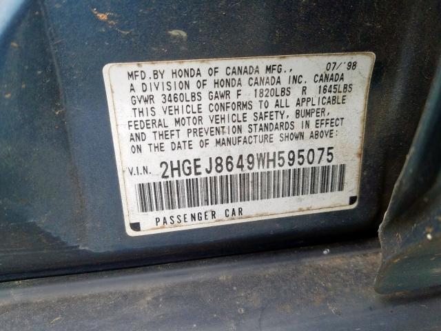 2HGEJ8649WH595075 - 1998 HONDA CIVIC EX  photo 10