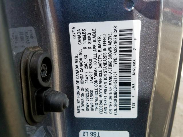 2HGFG3B05FH521757 - 2015 HONDA CIVIC EXL  照片 10