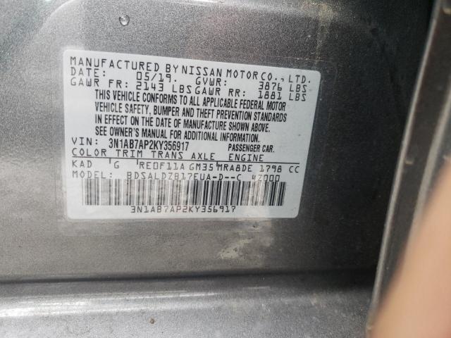 3N1AB7AP2KY356917 - 2019 NISSAN SENTRA S GRAY photo 10