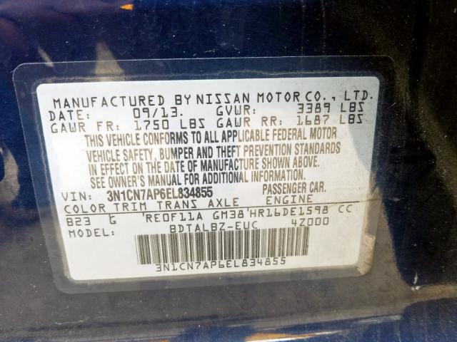 3N1CN7AP6EL834855 - 2014 NISSAN VERSA S  photo 10