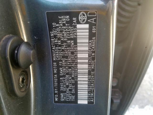 2T1BU4EE7AC436361 - 2010 TOYOTA COROLLA BASE  photo 10