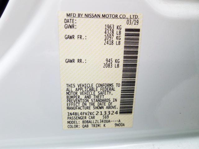 1N4BL4FV2KC213324 - 2019 NISSAN ALTIMA PLATINUM  photo 10