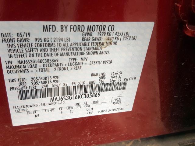 MAJ6S3GL6KC305869 - 2019 FORD ECOSPORT SE  photo 10