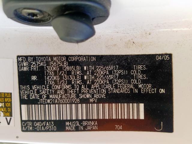 JTEDW21A760001928 - 2006 TOYOTA HIGHLANDER HYBRID  photo 10