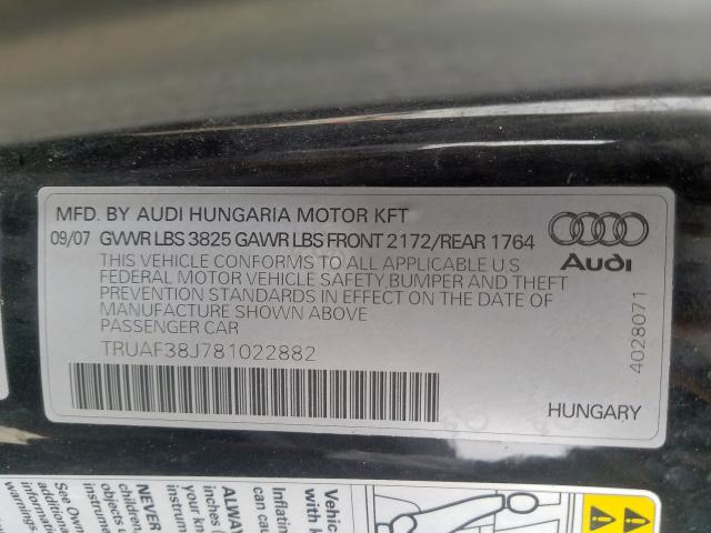 TRUAF38J781022882 - 2008 AUDI TT 2.0T  photo 10