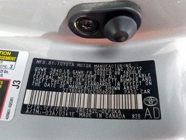 2T1BU4EE1CC908699 - 2012 TOYOTA COROLLA BASE  照片 10