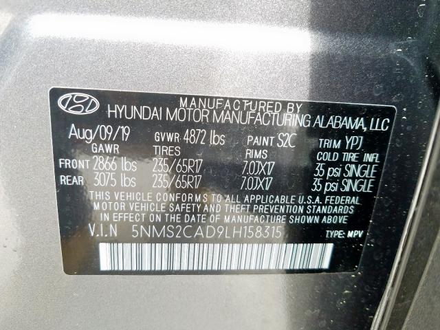 5NMS2CAD9LH158315 - 2020 HYUNDAI SANTA FE SE  photo 10