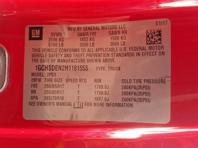 1GCHSDEN2H1181553 - 2017 CHEVROLET COLORADO Z71  photo 10