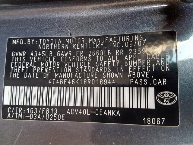 4T4BE46K18R018944 - 2008 TOYOTA CAMRY CE  photo 10