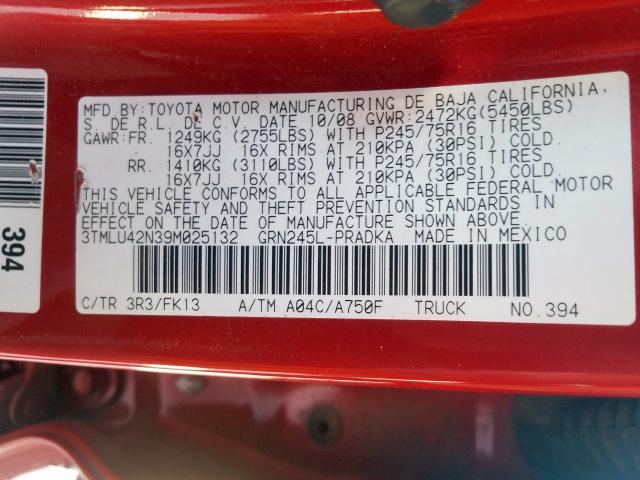 3TMLU42N39M025132 - 2009 TOYOTA TACOMA DOUBLE CAB  foto 10
