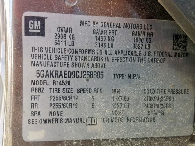 5GAKRAED9CJ268805 - 2012 BUICK ENCLAVE  photo 10