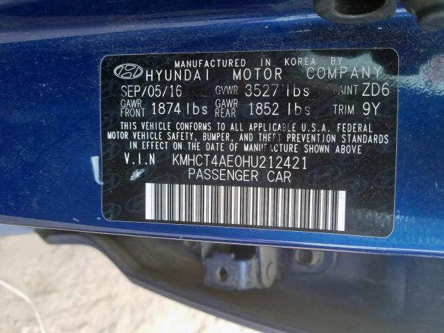 KMHCT4AE0HU212421 - 2017 HYUNDAI ACCENT SE  photo 10