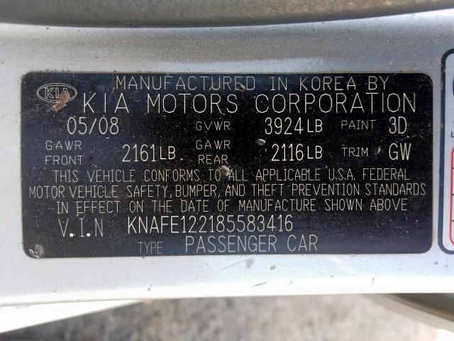 KNAFE122185583416 - 2008 KIA SPECTRA EX  photo 10