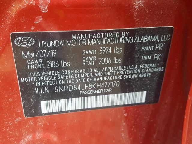 5NPD84LF8KH477170 - 2019 HYUNDAI ELANTRA SEL  photo 10