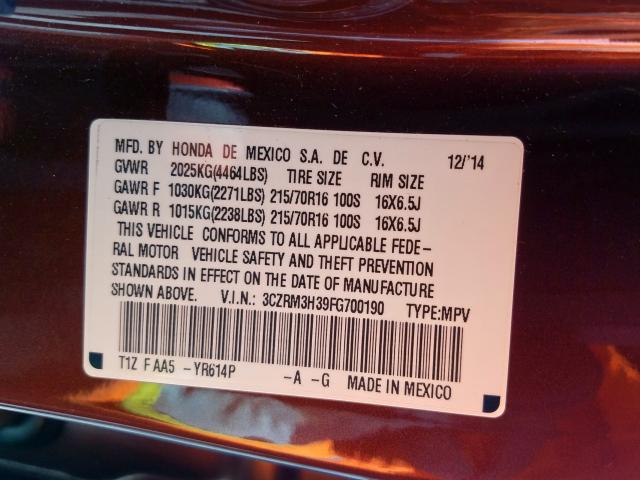 3CZRM3H39FG700190 - 2015 HONDA CR-V LX  photo 10