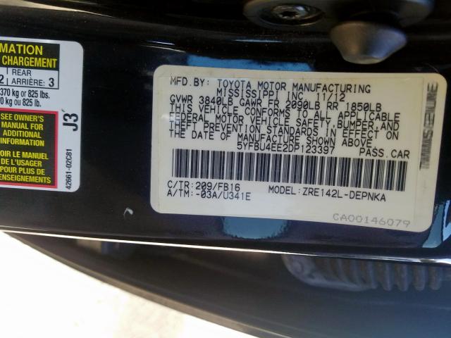 5YFBU4EE2DP123397 - 2013 TOYOTA COROLLA BASE  photo 10